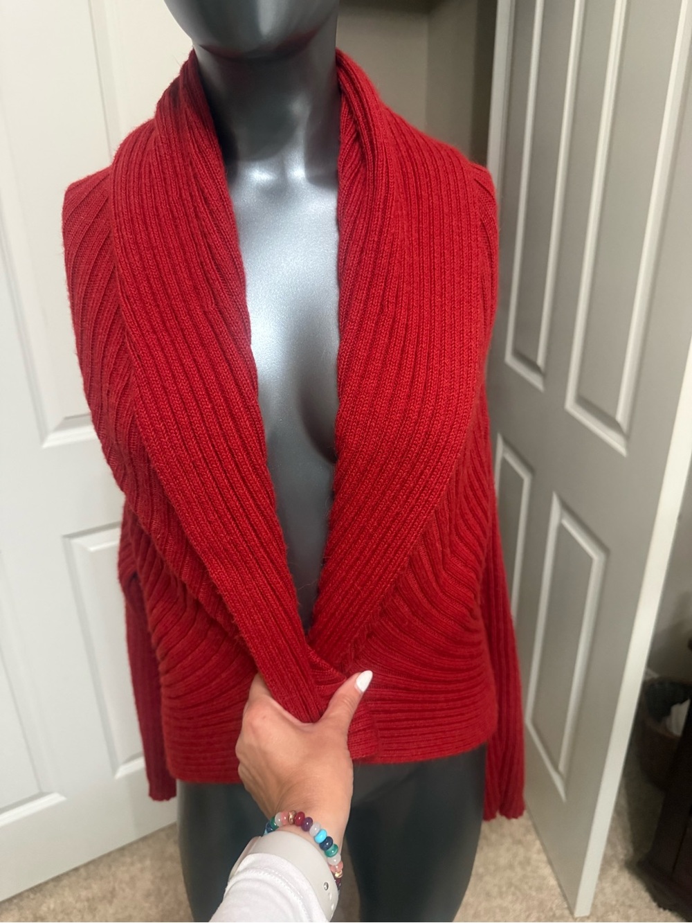 Peruvian Connection Red Ribbed Open-Front Cardigan